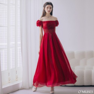 【OMUSES】一字領方領蕾絲拼接紅色長禮服19-7516