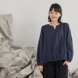 【MOSS CLUB】棉質雙層紗點點V領長袖上衣 藍 綠 桔