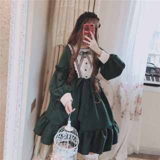 預購*日系蘿莉塔墨綠色可愛拼接荷葉邊綁帶長袖連身裙 復古 Lolita 甜美 洋裝 森女 學院風 學生 綠色 黑色