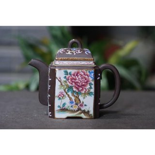 【宜興蜀山陶業生產合作社出品】四方彩繪壺~440cc紫砂茶壺(Z497)