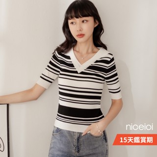 niceioi【特惠】針織上衣 條紋上衣 撞色上衣 條紋色 [活潑撞色雙領條紋針織上衣] 女裝