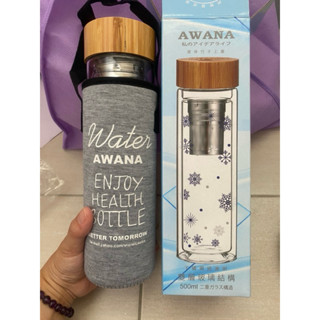 「AWANA」竹蓋濾網雙層玻璃杯500ml附杯套（全新）