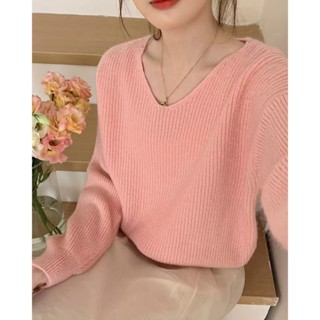 CHILL現貨 韓系慵懶軟糯坑條上衣 坑條針織上衣 寬鬆針織上衣 女生 長袖針織上衣 坑條上衣 針織上衣 V領 預購