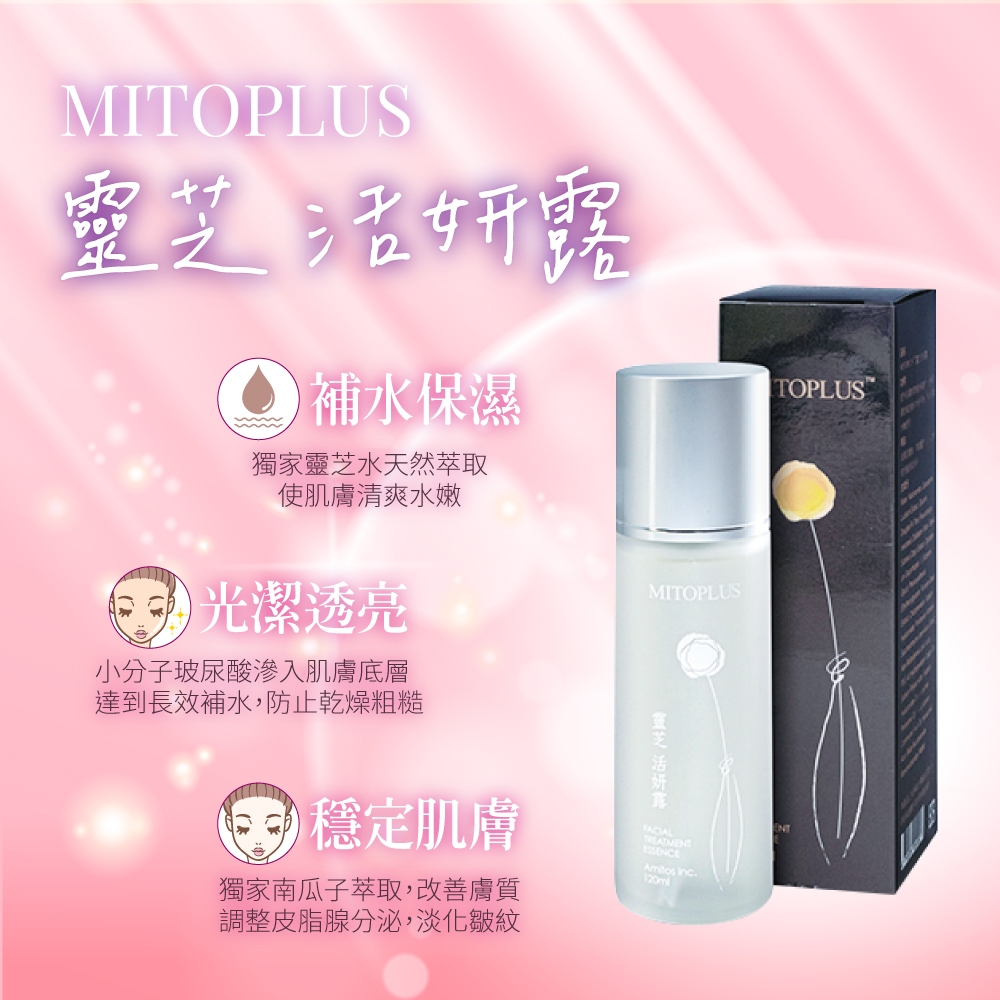 是化妝水也是精華液！領券在現折！【合康連鎖藥局】MITOPLUS靈芝活妍露 120ml 小分子玻尿酸 米糠酒粕發酵物