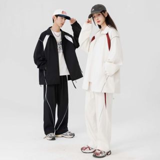 【QIAO】套裝 斜肩剪裁 外套+長褲 防風外套 風衣 風褲 休閒套裝 情侶裝 男生套裝 女生套裝 外套男 長褲男