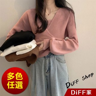【DIFF】韓版假兩件V領泡泡袖針織上衣 毛衣 長袖上衣 女裝 衣服 長袖t恤 保暖上衣 冬裝【W242】