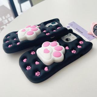 可愛高級感立體黑底粉色貓爪iPhone16 15 Promax手機殼蘋果14 Pro13 12 11保護套少女心伸縮支架