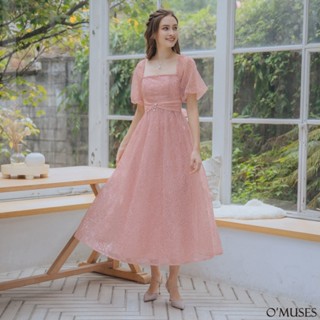 【OMUSES】重工刺繡方領一字領粉色長禮服29-H255187