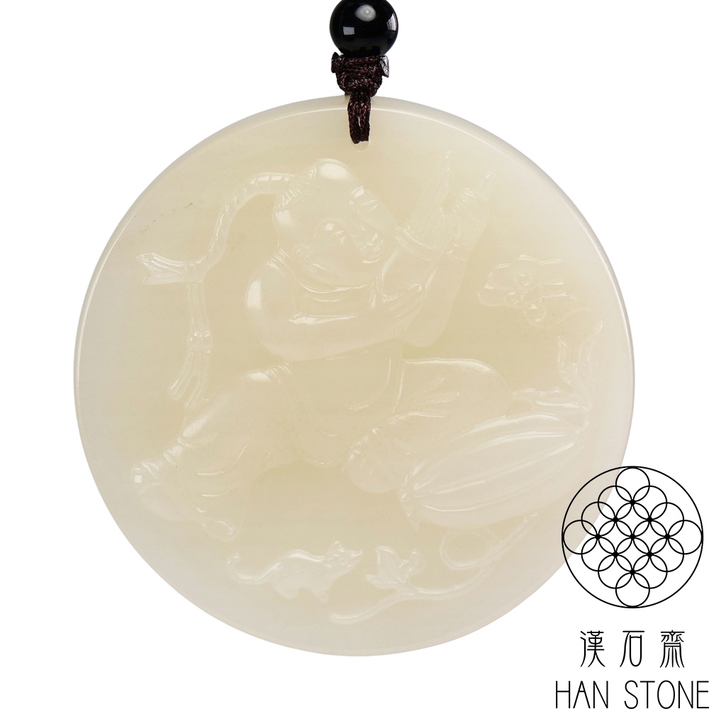 【漢石齋】天然和田玉 童子竹笙玉珮吊墜 白玉(51*51*9mm)