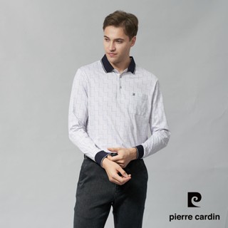 【pierre cardin 皮爾卡登】男裝 棉質混紡方格印花長袖POLO衫-藍色 (5245258-36)