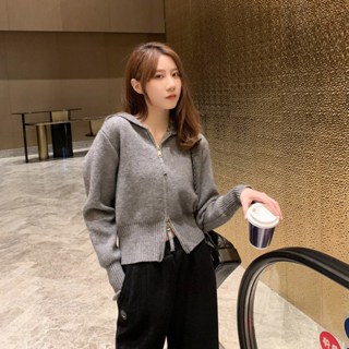 短款外套 小外套 針織連帽外套 短款接鏈 薄外套 連帽雙拉鍊針織開襟衫女 慵懶風設計感春秋季休閒毛衣2F099.3271