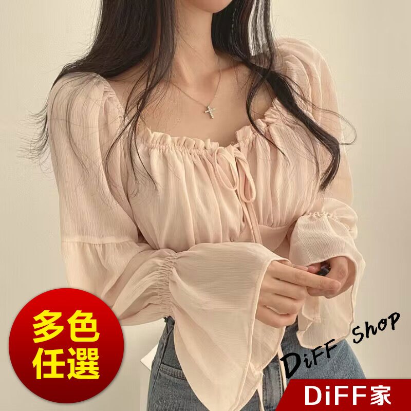 【DIFF】韓版法式氣質方領喇叭袖雪紡襯衫 長袖上衣 女裝 衣服 長袖t恤 冬天女裝 秋冬女裝【W568】