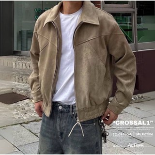 【CROSSAL1】韓國🇰🇷 麂皮絨短款翻領外套 雙拉鍊外套 麋皮 翻領外套 短款夾克 機車外套 長袖外套 外套
