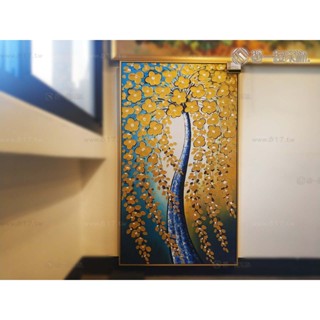 7折優惠 無框畫 7664 發財樹 掛畫 油畫 百花如意樹 越來越發財 純手繪油畫 直幅 金色 暖色系 厚花 錦上添花