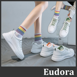 【Eudora】厚底小白鞋 休閒鞋 厚底鞋 大尺碼 布鞋 懶人鞋 增高布鞋 皮革厚底增高 小白鞋 球鞋 鬆糕鞋 白鞋