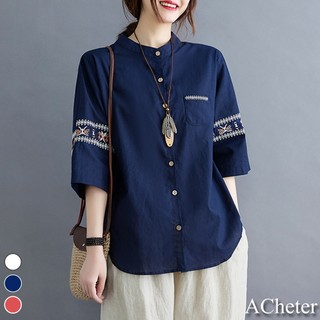 【ACheter】日雜知性立體刺繡五分袖襯衫# 109213