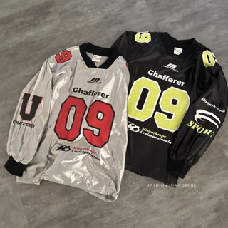 【fjstore】美式 復古 chafferer 數字09 長袖 球衣 寬鬆 落肩 v領 長袖上衣 男生長袖 女上衣情侶