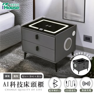 IHouse-寬50公分 AI多功能智慧床頭櫃 (無線充/音響/夜燈/USB插座)
