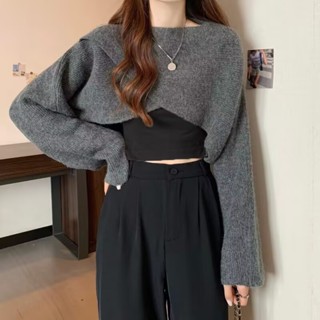 FUXI 不規則交叉短版毛衣女 短版上衣 針織上衣 慵懶風針織衫 內搭吊帶背心兩件套裝 短版罩衫 女裝 衣服