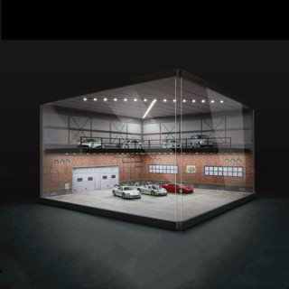 【六四分之一】 光影造物｜ 汽車展廳/維修廠/車庫 主題場景｜1/64建築模型 停車場場景｜USB電源LED燈光