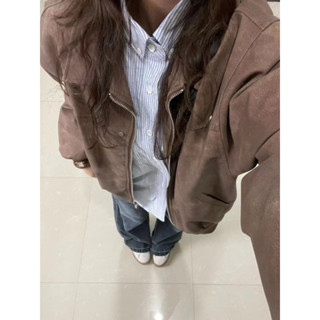 𝟑𝐮𝐧𝐢𝐨𝐧｜現貨｜美式復古棕色翻領外套女春秋款仿麂皮絨高級情侶夾克上衣