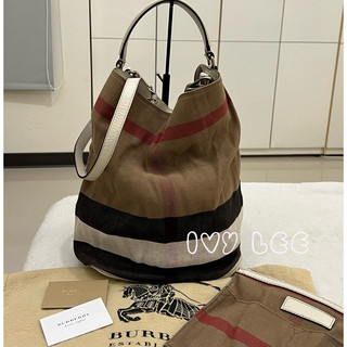 BURBERRY巴寶莉 棕色 格紋 帆布 水桶包 單肩包 二手精品