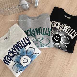 【FJstore】韓國 Wacky willy 大標 花花款 大學T 大學踢 寬鬆 落肩 圓領 長袖上衣 男生長袖 情侶