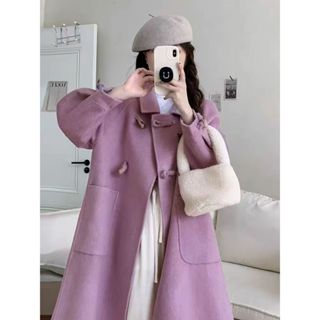 韓版羊毛外套❤️美拉德雙麵大衣連帽100%羊毛牛角扣呢子潮大衣潮流鬥篷小個子 紫色羊絨外套 冬天 毛呢大衣 風衣外套