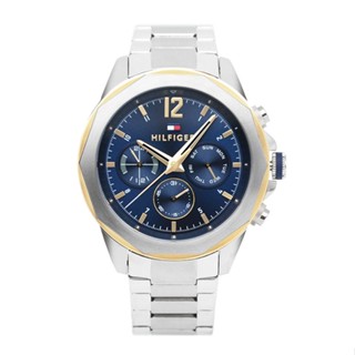 Tommy Hilfiger 藍面 銀+金框 金色刻度 三眼日期顯示 不鏽鋼錶帶 46mm 男錶 手錶-1792059