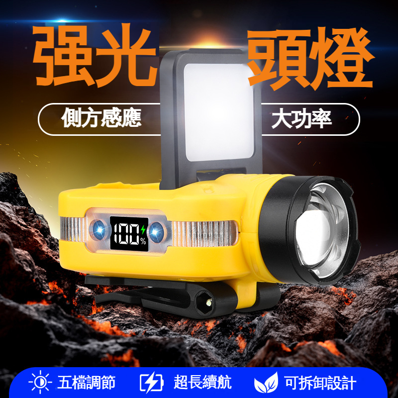 升級版多功能戶外新款Type-C充電迷你多功能電池感應頭戴燈COB戶外露營强光超亮頭戴式頭燈維修工作燈