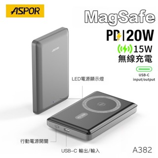 磁吸Wh行動電源 ASPOR 金屬超薄 10000mAh 磁吸 無線充 行動電源 A382 快充 安檢合格雙認證