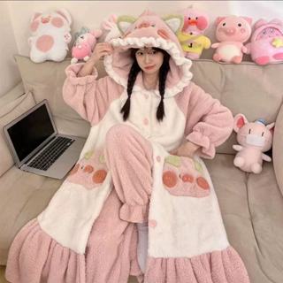 Lam 睡衣 睡袍 加厚睡衣 睡衣女 連帽睡袍 珊瑚絨睡衣 家居服 可外穿 卡通睡袍 粉色小豬睡衣套裝 可愛睡袍 秋冬