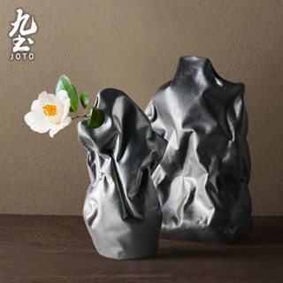 九土日式創意陶瓷花器擺件簡約黑白色花器室內客廳茶几玄關家居裝飾品飯店餐廳藝術造型擺件花瓶花盆花器插花乾燥花DER0076