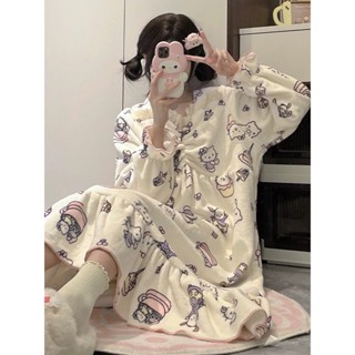 kitty可愛法蘭絨連身睡裙女生毛茸茸珊瑚絨家居服保暖睡衣
