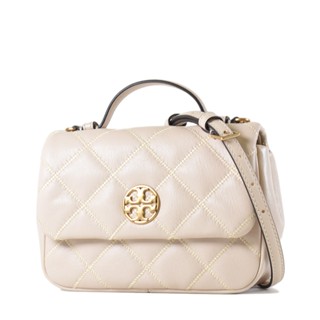TORY BURCH WILLA 金色LOGO菱格紋手提/斜背二用包-香草白/迷你 【美國正品現貨】