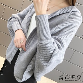 GOFO 外套 韓系優質感 包心紗百搭素面 連帽外套 短版長袖針織 毛衣外套 斗篷罩衫 女生衣著 女生上衣 冬季 保暖