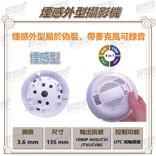 <臺灣現貨 快速出貨>P6-S【煙感型隱藏式針孔攝影機】1080P AHD 四合一+UTC控制+錄音功能