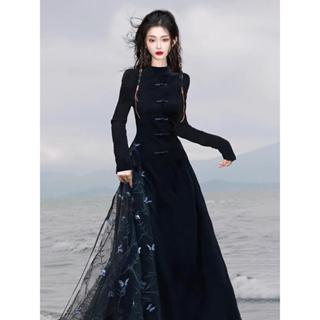 【特價】馬面裙 長裙 漢服 旗袍 連衣裙 新中式國風改良日常旗袍連衣裙秋冬女復古立體蝴蝶黑色長裙高階感