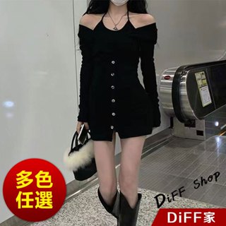 【DIFF】韓版氣質顯瘦假兩件黑色吊帶洋裝 套裝 裙子 短裙 長袖上衣 衣服 長袖t恤 冬天女裝 秋冬女裝【S344】
