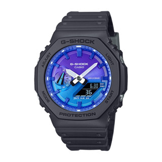 CASIO卡西歐 G-SHOCK 時尚八角鮮豔 熾熱火焰 藍色錶盤漸層灰黑錶 GA-2100FL-1A