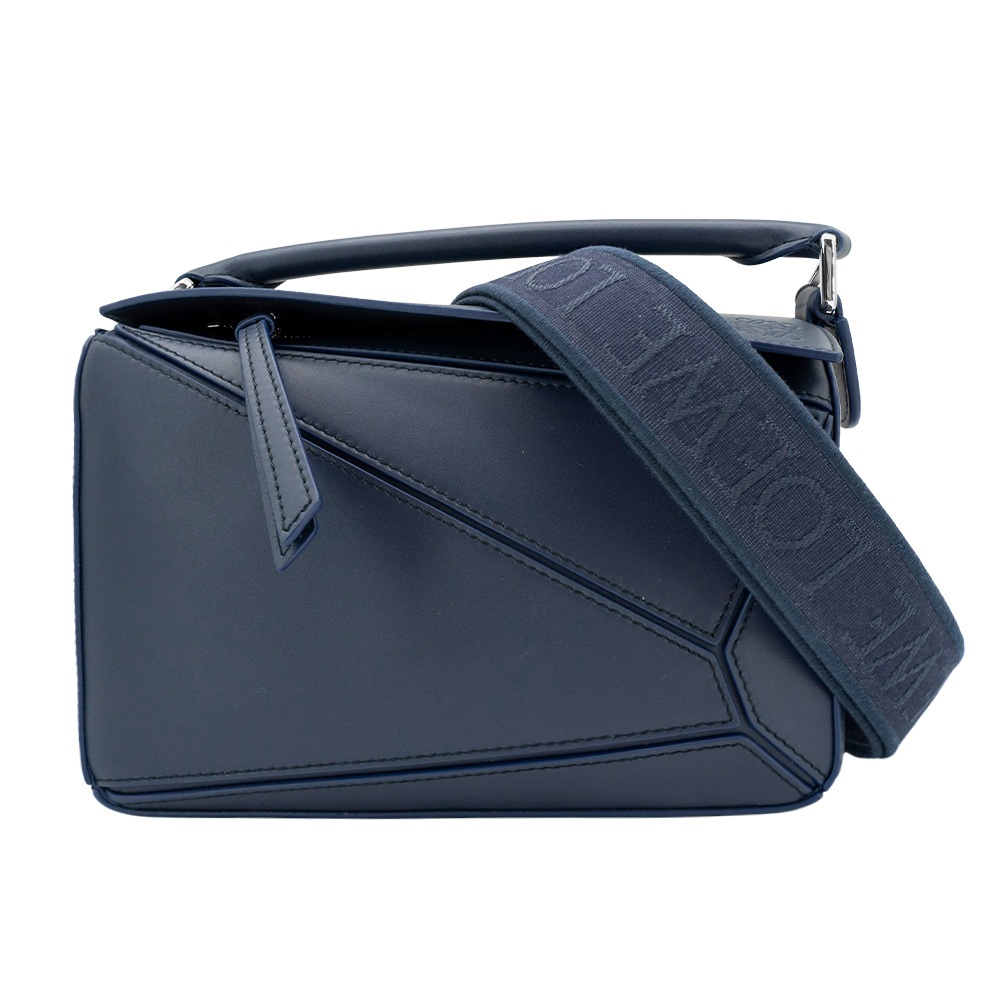 Loewe Small Puzzle 小牛皮銀釦小號手提兩用包(深藍)