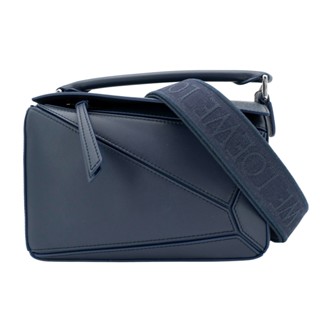 Loewe Small Puzzle 小牛皮銀釦小號手提兩用包(深藍)