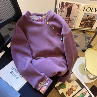 紫色國風刺繡旗設計圓領衛衣女冬季加絨加厚oversize超火 大學t 長袖衛衣 長袖大學T 大尺碼上衣 寬鬆上衣 新中式