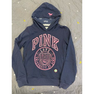 美國專櫃購買帶回正品 Victoria’s Secret 維多利亞的秘密 水鑽 貼布 深藍色連帽長袖上衣/T恤/帽T