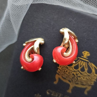 朝氣辣椒紅 刺桐 豆莢 花苞夾式耳環 立體3D【C’est Si Bon古董珠寶盒】Vintage老飾 古著 光潤 可愛