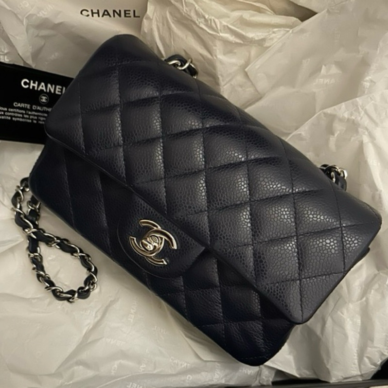 ❌❌❌絕版荔枝牛皮 chanel經典 口蓋包 大mini cf20 鏈條包 黑藍 銀釦95新 法國🇫🇷