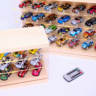 《64SHOP》1/64比例模型車展示盒｜松木 壓克力層板 防塵拉門 防塵罩｜USB遙控LED燈光展示