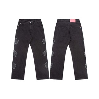 VANDYTHEPINK® LEATHER FLOWER PATCH DENIM 黑 小花圖案 牛仔長褲【VD6044】