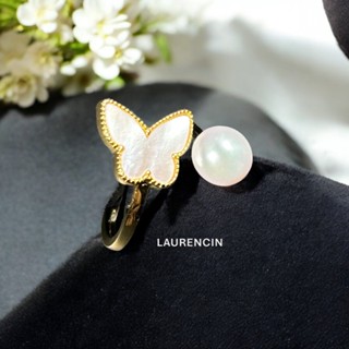 【LAURENCIN】天然淡水珍珠海貝蝴蝶戒指 /戒指/天然珍珠/開口戒/天然海貝/蝴蝶戒指
