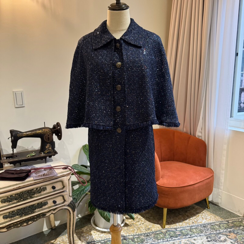 Petit Camelia 藍色毛呢斗篷式外套洋裝